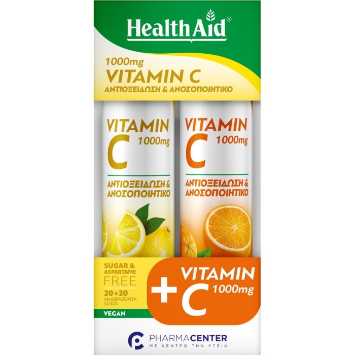 HEALTH AID – Effervescent Vitamin C 1000mg Lemon 20pcs + FREE Orange 20pcs