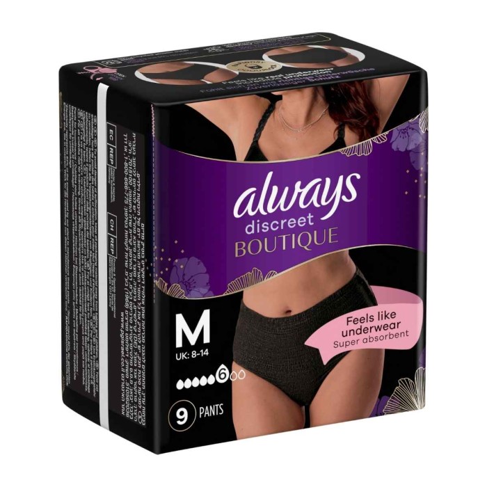 Always Discreet Boutique - Incontinence Underwear in Black Color, 9pcs