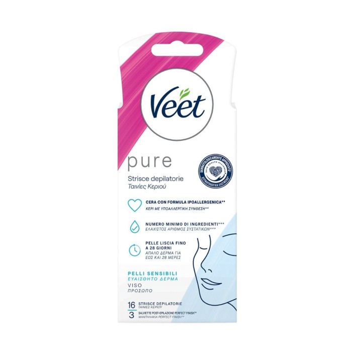 Veet® Pure Ταινίες Αποτρίχωσης Προσώπου Με Κρύο Κερί - Υποαλλεργική Σύνθεση, 16τμχ