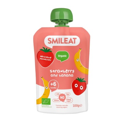 Smileat, Πουρές Φρούτων σε Pouch Βιολογικής Προέλευσης, Μπανάνα-Φράουλα, Χωρίς Γλουτένη 100γρ