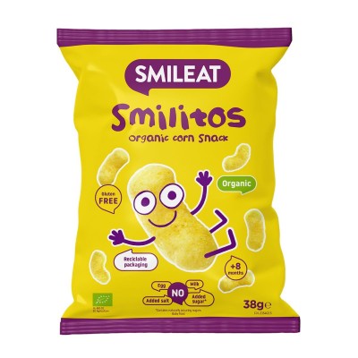 Smileat Snack Καλαμποκιού Smilitos, Βιολογικής Προέλευσης, με έξτρα Παρθένο Ελαιόλαδο, Ψημένα στο Φούρνο, 38gr, Χωρίς Γλ