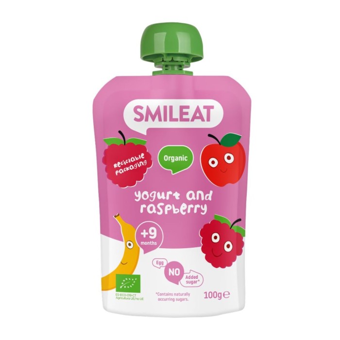 Smileat, Πουρές Φρούτων σε Pouch Βιολογικής Προέλευσης, Γιαούρτι και Raspberry, Χωρίς Γλουτένη, 100γρ